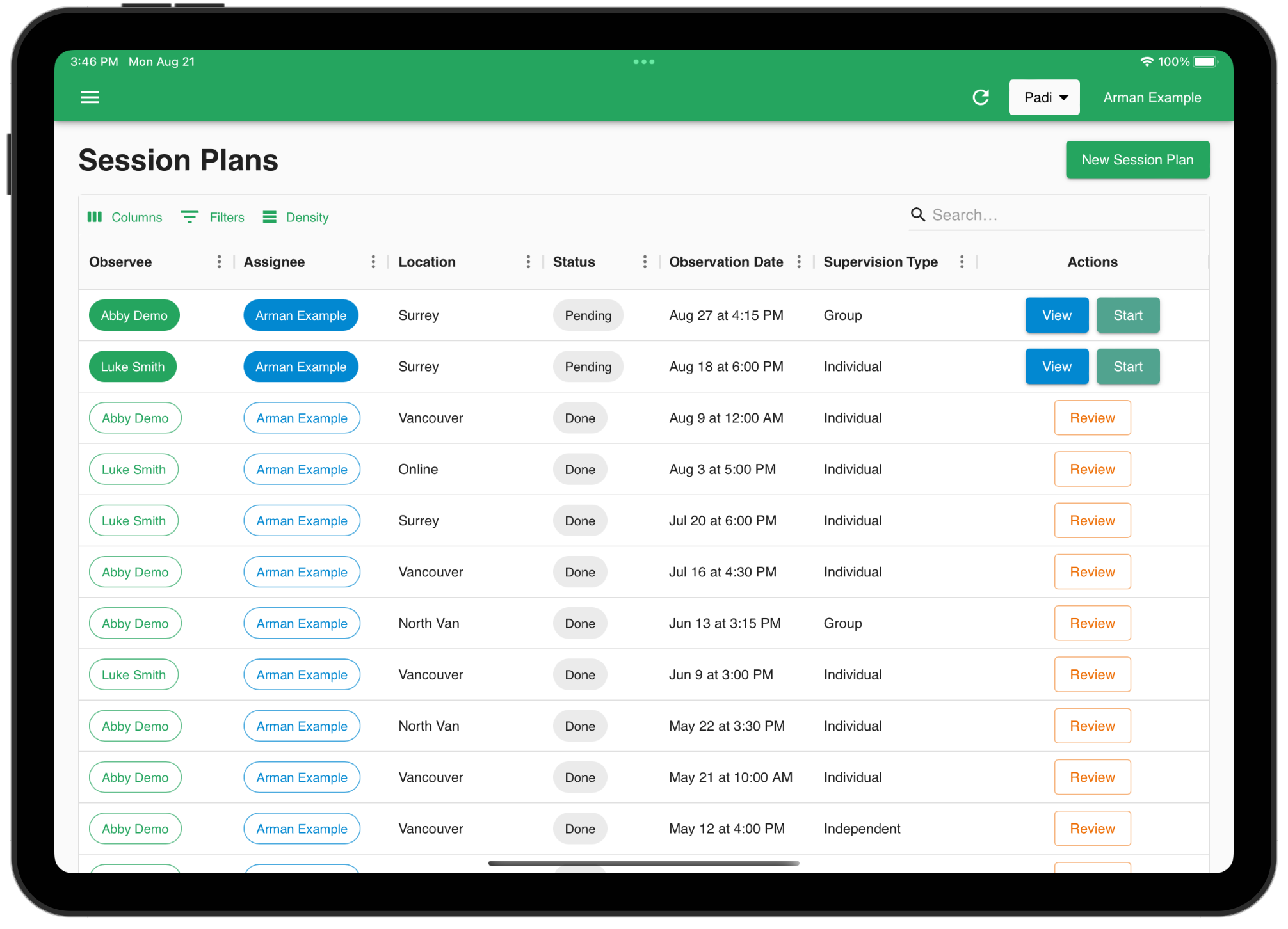 List Session Plans