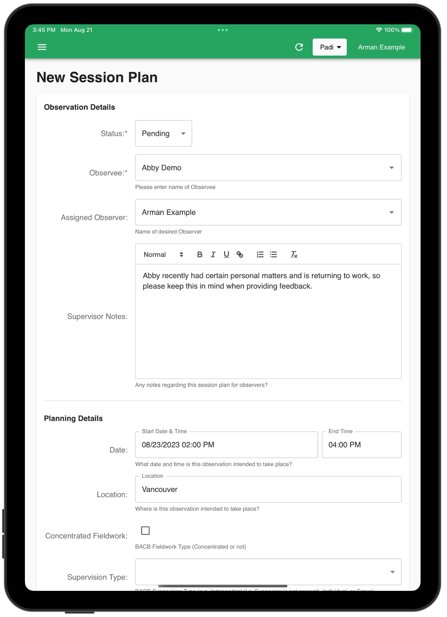 Add New Session Plan